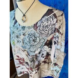 Women's Chico's Boho Blue Brown Floral Studded 3/4 Sleeve Blouse Top Size 3